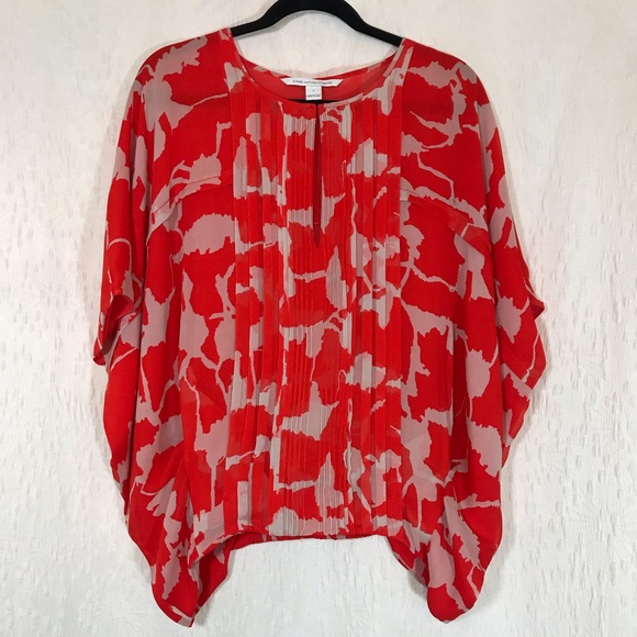 Diane Von Furstenberg Tops - DVF Orange Floral Silk Pleated Blouse Size L
